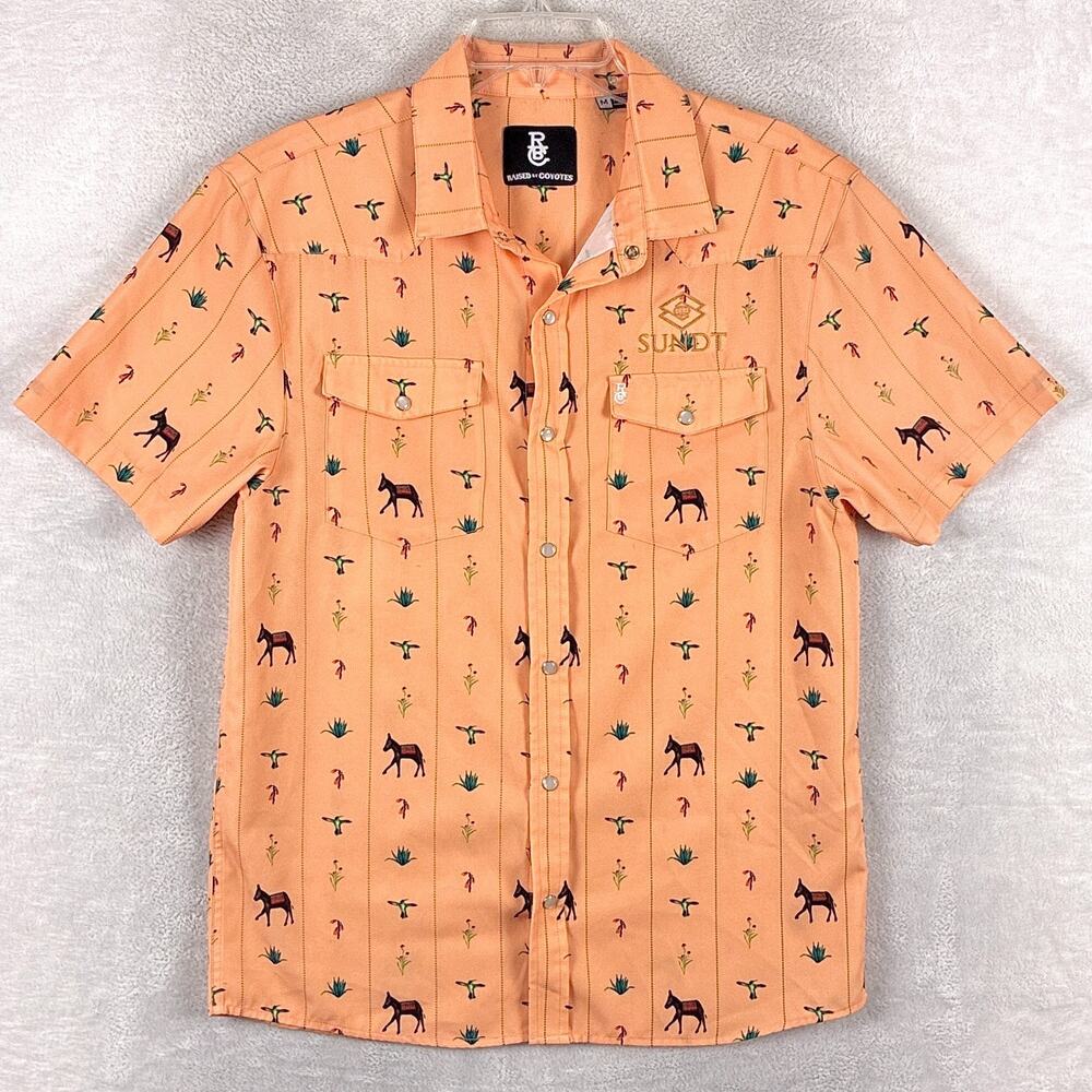 Raised By Coyotes Shirt Men M Orange Bird Burro AOP Pearl Snap Southwestern Golf